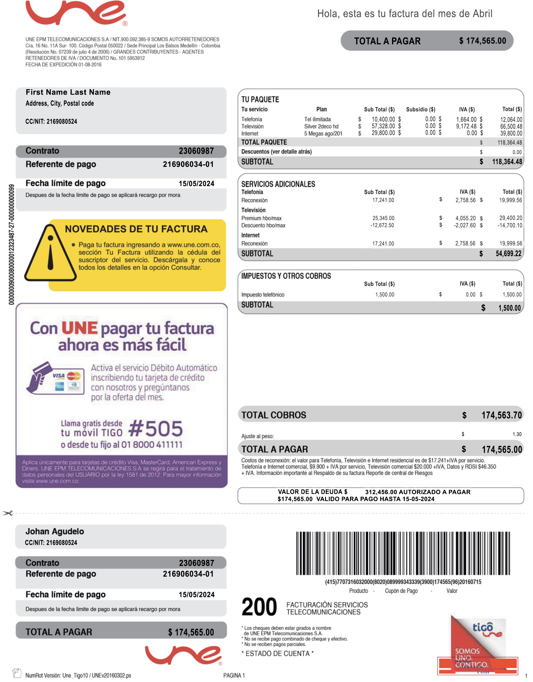 Colombia UNE EPM Telecomunicaciones PSD utility bill